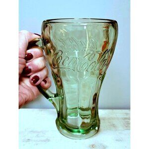Vintage Coca-Cola Green Glass Mug With Embossed Script Logo 16 Oz Sturdy Handle